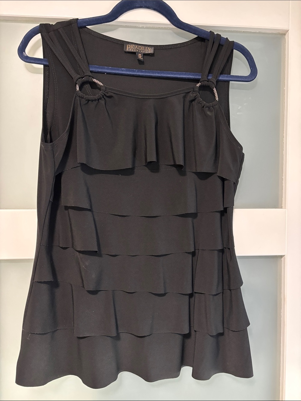 Picadilly Fashion Black Ruffle Tank with Ring-Detail Straps